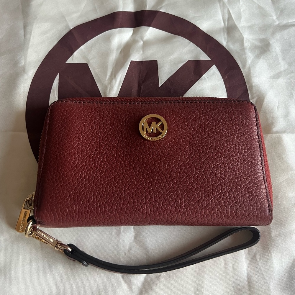 MICHAEL Michael Kors Burgundy Leather Zip Wallet with Gold Hardware